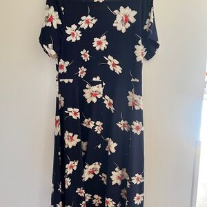 Black Floral Fit-and-Flare Dress with White and Red Flowers